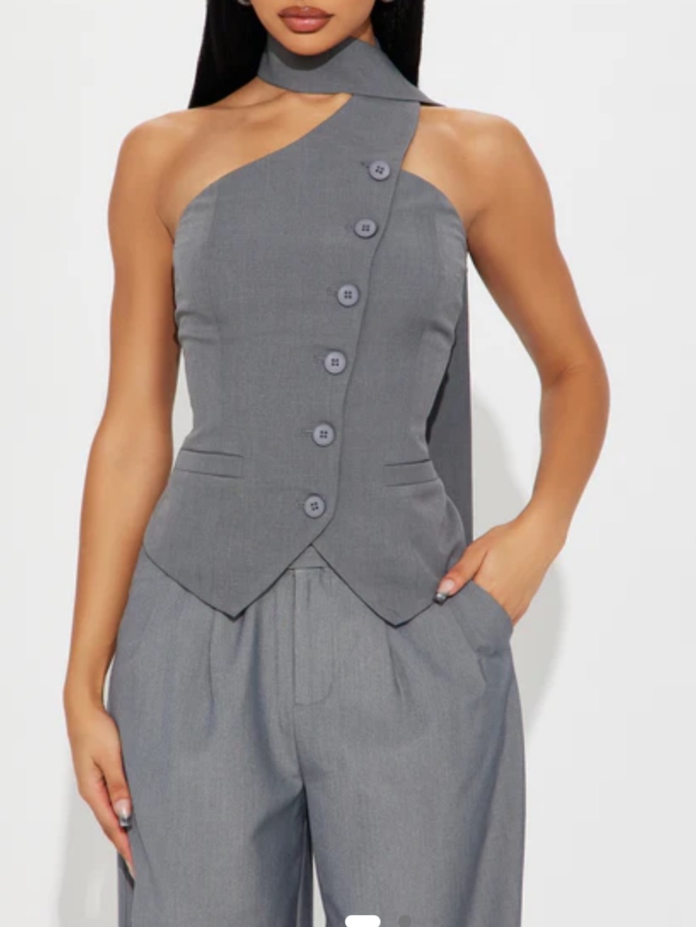 Fashion Nova Gray Asymmetric One-Shoulder Button-Down Top